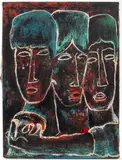 Indios Comiedo Frutas" [Indians Eating Fruit] by Desiderio Sanchez, 1967, Oil on Canvas, sold Apr 2024
