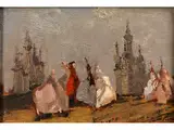 Venezianische Maskenträger vor der Stadtsilhouette von Venedig by Emma Ciardi, oil on panel, offered Jul 2015