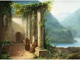 Alpenlandschaft mit Klosteranlage und Mönchen by Christian Andreas Schleisner, oil, offered Dec 2022