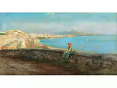 Neapolitanisches Küstenstück mit Sitzender Frau by Edoardo Monteforte, oil on canvas, offered Apr 2020