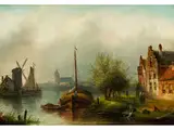 Sommerlandschaft mit Fluss, Boot und Mühle by Jan Jacob Coenraad Spohler, oil, offered Dec 2015