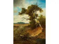 Landschaft mit Knorrigen Bäumen und Hirsch by Albert Zimmermann, oil on panel, sold Sep 2016