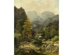 Gebirgsdorf mit Hirtin und Kleiner Herde by Ludwig Skell, oil on canvas, sold Dec 2015