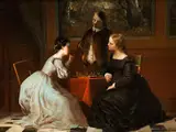 Zwei Damen im Salon Beim Schachspiel mit Einem Herren, der die Partie Aufmerksam Verfolgt by A. D’Haemer, oil on panel, offered Dec 2019