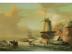 Winterlandschaft mit Windmühle und Eisvergnügen by Jan Jacob Spohler, oil on panel, offered Sep 2017