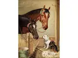 Stallinneres mit Zwei Pferden und Zwei Kleinen Hunden by Carl Reichert, oil on panel, sold Mar 2025