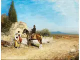 Italienische Landschaft mit Zwei Mädchen an Einem Brunnen und Einem Reiter by Albert Flamm, oil, offered Jun 2024