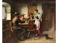 Wirtshaus mit Junger Bedienung by Alois Binder, oil on canvas, offered Jun 2024