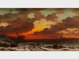 Schneelandschaft bei Rotem Sonnenuntergang by Ludvig Munthe, oil on canvas, offered Jul 2018