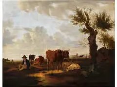 Hirtenknabe mit Kühen und Schafen an Einem Tümpel by Max Joseph Wagenbauer, oil on canvas, sold Sep 2017