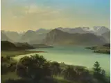 Idyllische Seenlandschaft vor Gebirgszug by Carl Christian Sparmann, oil on canvas, offered Jun 2025