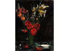 Blumenstrauss mit Roten Dahlien und Gladiolen by Rudolf Nissl, oil on canvas, offered Mar 2024