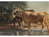 Bauer mit Zwei Kühen an Einem Gewässer by Heinrich von Zügel, oil on canvas, offered Mar 2025