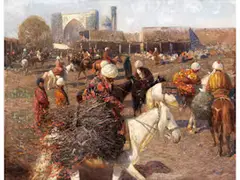 Grosser Platz mit Orientalischen Reitern by Franz Alekseevic Roubaud, oil on canvas, sold Mar 2023