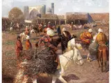 Grosser Platz mit Orientalischen Reitern by Franz Alekseevic Roubaud, oil on canvas, sold Mar 2023