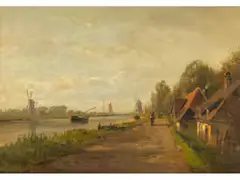 Niederländische Kanallandschaft mit Windmühlen by Paul Weber, oil on canvas, offered Jun 2024