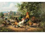 Hühnerhof by Hubert Kaplan, geb. 1940 München, oil on panel, sold Jun 2022