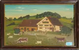 Vor dem Bauernhaus "Schönenbühl by Ursula Aebi, 1974, oil on board, sold Sep 2024