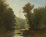Baumbestandene Flusslandschaft by Gustave Castan, oil on panel, sold Sep 2024