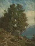 Blick von einer bewaldeten Anhöhe auf den Genfersee by Jean Philippe George, oil on board, sold Sep 2024