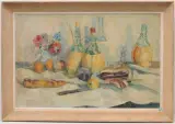 Stillleben mit Strohflaschen by Charles Hug, oil on canvas, offered Sep 2024
