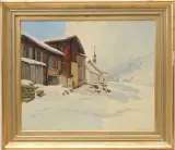 La chapelle de Riederalp - Premières Neiges by Henri Huguenin-Virchaux, 1936, oil on board, sold Sep 2024