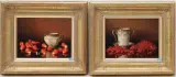 Gegenstücke: Stillleben mit Porzellandose und Erdbeeren / Stillleben mit Henkeltasse und Johannisbeeren by Raphaël Trezzini, oil on panel, sold Sep 2024
