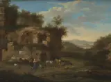 in der Art Hirtenpaar mit Kleinkind und ihrer Herde vor einer Ruine by Cornelis van Poelenburgh, oil on panel, offered Jun 2024