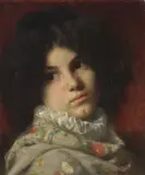 Portrait einer Frau mit Halskrause und floralem Schal by Adolfo Feragutti Visconti, oil on canvas, sold Jun 2024