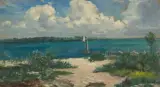 Küste mit zwei Segelbooten by Lepoldo Romañach, oil on canvas, sold Jun 2024