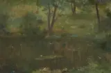 zugeschrieben Weiher im Waldesinneren by Lepoldo Romañach, oil on canvas, sold Jun 2024