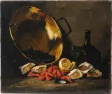 Stillleben mit Garnelen, Austern und Zitrone by Alfred-Arthur Brunel de Neuville, oil on canvas, sold Jun 2024