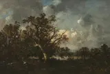 Baumbestandene Landschaft mit Bäuerin by Léon-Victor Dupré, oil on canvas, offered Jun 2024
