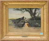 Ein musizierendes Paar in lauschigem Schatten by Auguste Doviane, oil on canvas, sold Jun 2024