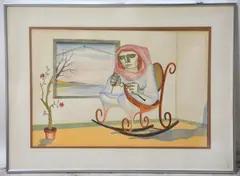 Cubist painting of a woman sitting in a rocker while knitting by Jorge Dumas, watercolor on paper, sold Oct 2024
