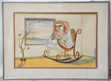 Cubist painting of a woman sitting in a rocker while knitting by Jorge Dumas, watercolor on paper, sold Oct 2024