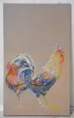 large painting "Roosters by Jon Lightfoot, acrylic on canvas, sold Oct 2024