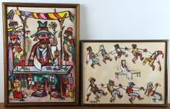 (2) Judaic paintings depicting a wedding dance and a seated man with flower by Jovan Obican, oil on canvas, sold Nov 2024