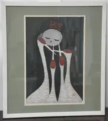 Untitled by Kaoru Kawano, woodblock print "Girl & Cranes", sold Nov 2024