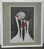 Untitled by Kaoru Kawano, woodblock print "Girl & Cranes", sold Nov 2024