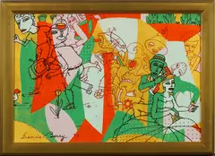 Party by Francis Berry, 1999, ink and acrylic on canvas, sold Jun 2022