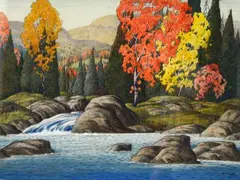 Fall landscape with stream by Graham Noble Norwell, mixed media, sold Oct 2020