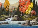 Fall landscape with stream by Graham Noble Norwell, mixed media, sold Oct 2020