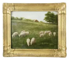 sheep in pasture by Lila Hetzel, oil on board, sold Dec 2024