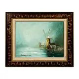 Original Oil Painting on Canvas by Dutch Windmills, Original oil painting on canvas of Dutch windmills in a fogg, sold Aug 2023