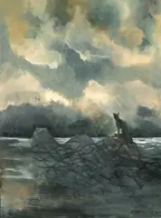 Cat in a Landscape by Aubrey Nakao, acrylic on paper, sold Oct 2023