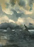 Cat in a Landscape by Aubrey Nakao, acrylic on paper, sold Oct 2023