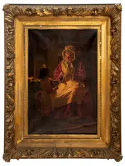 The Knitting Lesson by Thomas Waterman Wood, Oil on Canvas, sold Apr 2024