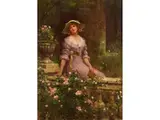 Junge Frau im Rosengarten by Sydney Percy Kendrick, oil on canvas, sold Jun 2023