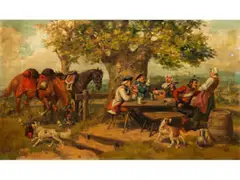 Pausierende Reiter bei Wein und Musik by Leszek Piasecki, oil on canvas, sold Apr 2020